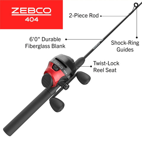Spincast Reel And Rod Combo With A 6 Foot Two Piece Rod Size 40 Reel Right Hand Retrieve Pre Spooled With 15 Pound Line, black and red rod with twist-lock reel seat.