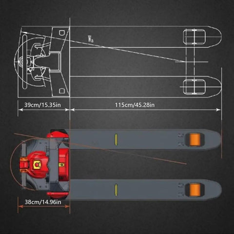 Heavy Duty Manual Pallet Jack Full Electric Truck With 3300 Lbs Capacity And Thickened Alloy Frame showing dimensions and design layout.