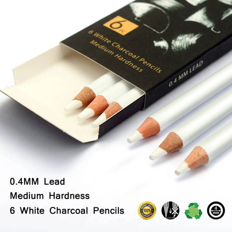 White Charcoal Pencils Drawing Set, Go To Pro Grade 6 Piece Sketch Kit in box with medium hardness and 0.4mm lead