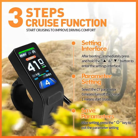 Ebike LCD Display Mini Meter Control Panel KT TF04 TFT Cycling Tachometer showing cruise function settings on screen