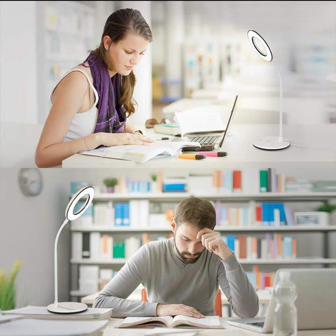 Eye Caring LED Desk Lamp With 3 Color Modes No Glare And Four Brightness Levels Dimmable With Adapter Touch Control And 360 Degree Flexible Neck Ideal For Home Office And Study Desks shown in use by two people reading at separate desks.