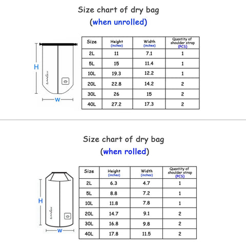 Size chart of Built Tough Waterproof Dry Bag Backpack 5L To 40L With Floating Phone Pouch, Heavy Duty 500D PVC Tarpaulin