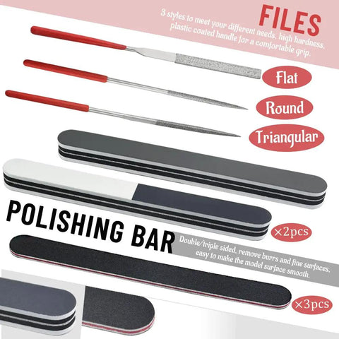 22 Piece Model Tools Kit For Hobby Builders Craft Set With Must-Have DIY Tools For Cars, Planes, Buildings, Gundam, And Robots Models featuring files and polishing bars