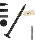 Heavy Duty Exterior Deck Screws For Timber And Log With Rust Resistant Four Layer Epoxy Coating Torx Drive T30 Bit Included Size Fourteen By Two And Seven Eighths Inches Fifty Pack Black Finish; showing screw and T30 bit