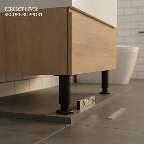 Adjustable Telescopic Under Cabinet Leg with Steel Foot leveling furniture on uneven tiled floor, matte black finish