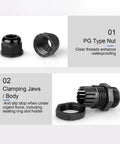 Five Hole Nylon Cable Gland IP68 Waterproof With Adjustable Locknut showing detailed clamping jaws and PG type nut components