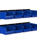 Wall Mounted Garage Storage Bin Rack With 8 Bins And 2 Rails Blue Large Tool Organizer for workshop, shown installed on a wall.