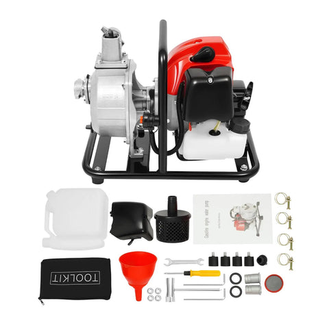 Top Shelf Gas Powered Water Pump With Smooth Quick Pull Start And Serious Flow Power for easy pool draining and yard irrigation.