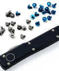 Twelve Piece Blue And Purple Titanium Triangle Screw Kit For Microtech Utx 85 And Ultratech Otf Knife Rigs with screws and knife.