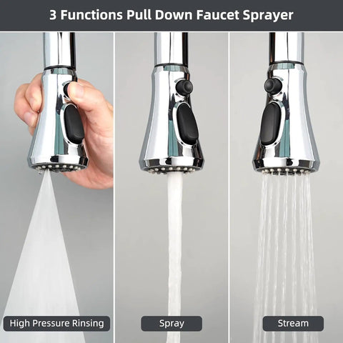 Pull Down Kitchen Faucet Spray Head With 3 Modes Stream, Spray, And High Pressure Rinse, Easy Push Button Switch, Chrome