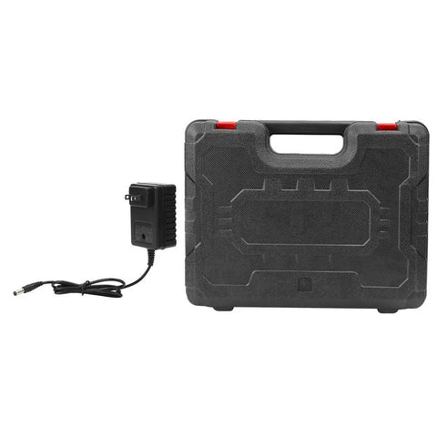 Rock Solid 25V Cordless Drill Driver case with charger, sturdy black hard shell for effortless storage and transport.