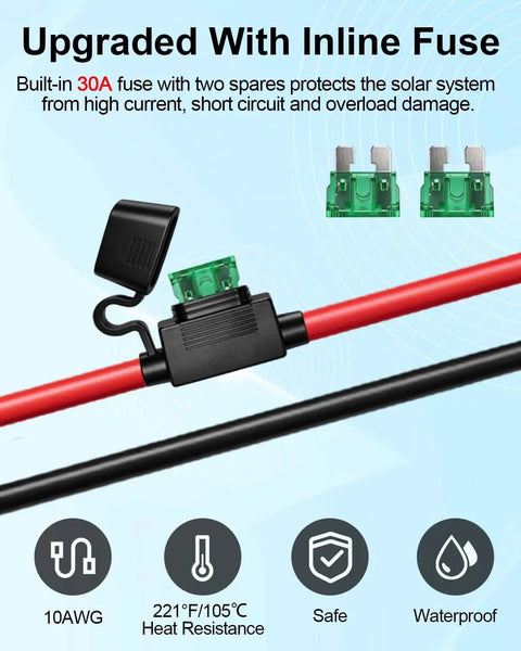 Solar Panel Connector To SAE Adapter Cable 1FT 10AWG With Fuse And Polarity Reversal For RV featuring inline fuse upgrade