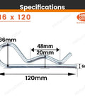 Specification diagram of 4-Piece Set Of Rock-Solid M6 X 120 White Zinc Plated Cotter Pins And R-Clips with dimensions listed