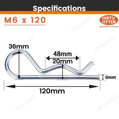 Specification diagram of 4-Piece Set Of Rock-Solid M6 X 120 White Zinc Plated Cotter Pins And R-Clips with dimensions listed