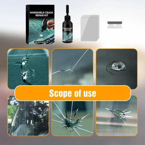 Smart DIY Glass Repair Kit For Windshields And Screens, Quick Fix Chips And Cracks With Resin Liquid, Pro Grade Auto Glass Repair Tools Set For Cars, Phones, Mirrors And More displayed with resin and scraper.