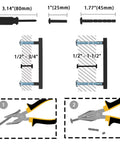 Installation guide for 12 Pack Modern Black And Gold Aluminum Cabinet Pulls Knurled Diamond Pattern Handle, showing screw lengths and pliers use.