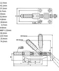 Technical diagram of Heavy Duty Toggle Clamp Set 2 Pack Quick Release Push Pull Latch With 32 Mm Stroke And 500 Lbs Holding Power Adjustable M8x35mm Shaft Built For Pros And DIYers Woodworking Fixtures Pocket Hole Jigs Welding And Industrial Projects showing dimensions.