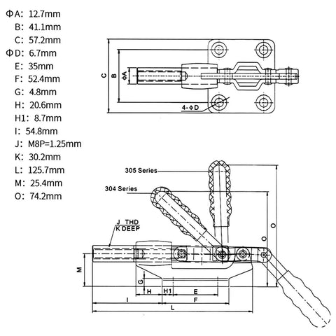 Technical diagram of Heavy Duty Toggle Clamp Set 2 Pack Quick Release Push Pull Latch With 32 Mm Stroke And 500 Lbs Holding Power Adjustable M8x35mm Shaft Built For Pros And DIYers Woodworking Fixtures Pocket Hole Jigs Welding And Industrial Projects showing dimensions.