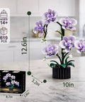 Purple Orchid Building Block Set With Vase, 619 Pieces, Phalaenopsis Floral Model Kit on kitchen counter
