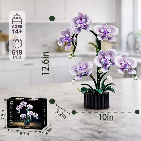 Purple Orchid Building Block Set With Vase, 619 Pieces, Phalaenopsis Floral Model Kit on kitchen counter