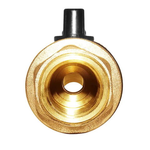 Front view of Brass Rain Barrel Spigot With 3/4 Inch Threaded Inlet 1/2 Inch Female NPT And 3/4 Inch Garden Hose Outlet Quarter Turn Ball Valve