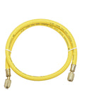 Yellow coiled refrigerant charging hose, 1/4 SAE flare, 0.9 m length, brass fittings for HVAC maintenance