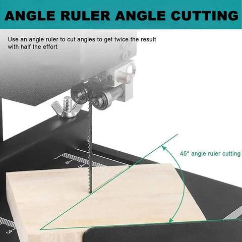 Beast Benchtop Bandsaw 800W 1750 RPM for wood and foam cutting with angle ruler showing 45° table tilt feature