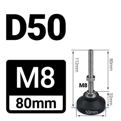 Rock Solid Adjustable Leveling Feet Set Of 4 With Swivel Base And Rust Resistant Threaded Pads For Heavy Equipment Support Quick Height Tweaks On Uneven Ground showing M8 threaded rod and swivel pad dimensions.