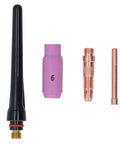 Solid Tig Welding Accessories Kit With Ceramic Nozzle Electrode Collet And Back Connector parts including black nozzle, purple collet, and copper connector.