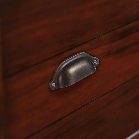 12 Pack Vintage Iron Drawer Pull Handles For Cabinets And Furniture, Retro Seashell Style, mounted on wooden cabinet