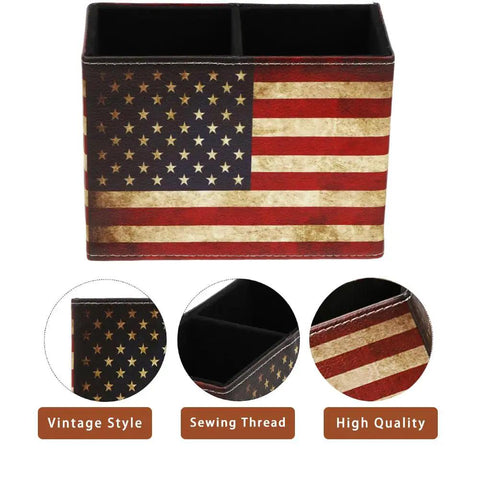 Top Shelf American Flag Desk Organizer Built With Premium Pu Leather And Retro Vintage Style, 2-section for office supplies.