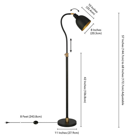 Adjustable Arc Floor Lamp With Metal Shade In Blackened Bronze Finish; sleek modern design, 8 ft cord, adjustable height dimensions shown.