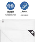 Finished Size 11 Foot 4 Inch By 15 Foot 6 Inch Heavy Duty Waterproof Tarp 8 Mil Multipurpose White 1 Pack Built Tough For Long Lasting Protection Cover For Outdoor Projects And Quick Fixes, showing tarp durability details and reinforced corners.