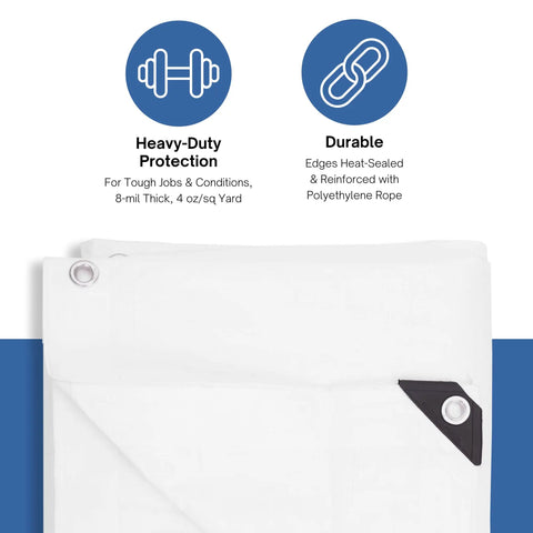 Heavy Duty Waterproof Tarp 8 Mil For Multi Use Coverage And Gear Protection Built Tough 7 Ft 4 In By 19 Ft 6 In Finished Size with reinforced grommet and corner.