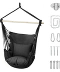 Chill Macrame Hammock Chair With Two Cushions For Indoor Outdoor Use Hanging Rope Swing Chair Supports Up To 350 Lbs Anti Slip Spreader Bar And Pocket Black, installation accessories beside it