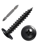 Close-up of Eight By One And One Half Inch Black Truss Head Wood Screws Self Tapping Zinc Oxide Coating Pack Of 150 with a screwdriver bit