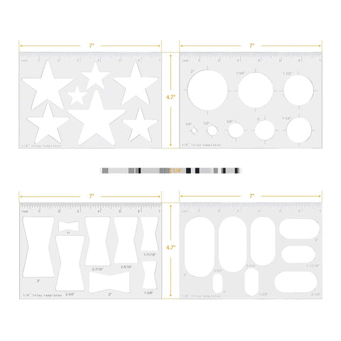 Eight In One Router Template Kit For Woodworking With Bowtie And Butterfly Inlay Jigs, One Quarter Inch Thick Clear Acrylic Router Template Jig, Includes Eight Size Bow Tie Inlay Templates For Precise DIY Friendly Decorative Marquetry product image with clear acrylic material and various inlay shapes.