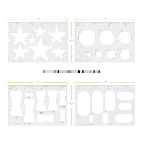 Straight Up Durable Router Clip Butterfly Inlay Template With Thick Clear Acrylic Guide For Woodworking Decor And Diy Crafts No Sweat Cutting Fixture Seven Inch Size For Pro Shop Results, featuring star and circle inlay shapes.