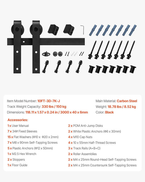 Heavy Duty Sliding Barn Door Hardware Kit For 60 Inch Wide Doors Up To 330 Lbs With Thickness Range Between One And Three Eighths And One And Three Quarters Inches Thick, Durable Carbon Steel Track And J Shape Rollers In Black Finish, Quiet Operation components layout