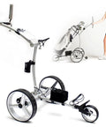 Super Chill Three Wheel Electric Golf Cart Foldable Remote Control Trolley with steel frame and cup holder.