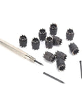 13-Piece Spot Weld Cutter Set For Power Drill, 3/8 Inch Cut, double-sided hex sheet metal hole cutters displayed on white background