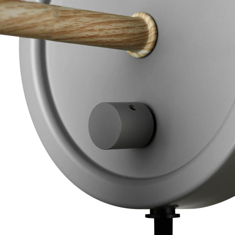 Close-up of matte gray backplate with faux wood accents for Plug In Or Hardwire Wall Sconce 2 In 1 Dimmer Backplate Matte Gray With Faux Wood Accents Black Fabric Cord Dimmable Wall Light Bulb Not Included Easy Install For Cozy Cottagecore Vibe