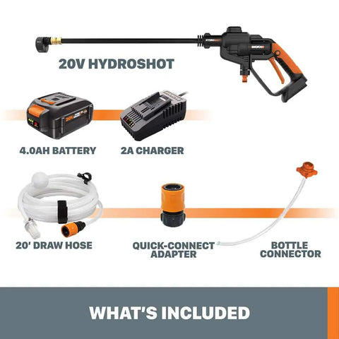 Hydroshot 320 PSI Portable Power Cleaner With 20V Power Share System showing battery, charger, hose, adapter, and connector.