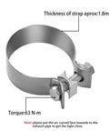 Two Pack Tough As Nails Stainless Steel Exhaust Band Clamps Sleeve showing strap thickness and torque details.
