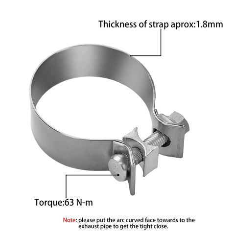 Two Pack Tough As Nails Stainless Steel Exhaust Band Clamps Sleeve showing strap thickness and torque details.