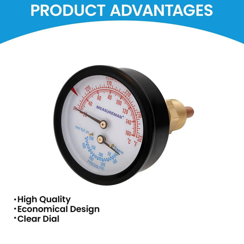 Dual-Display Tridicator Boiler Gauge Kit Commercial Grade With 2.5 Inch Dial For Temperature And Pressure 0-75 PSI