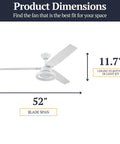 Octavia 52 Inch Industrial Style Led Ceiling Fan With Light Remote Control showing dimensions: 52-inch blade span, 11.7-inch height