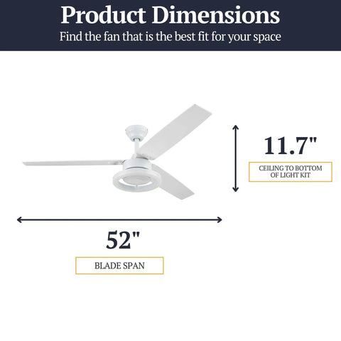 Octavia 52 Inch Industrial Style Led Ceiling Fan With Light Remote Control showing dimensions: 52-inch blade span, 11.7-inch height