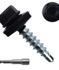 Heavy Duty Number 10 X 1 Inch Black Hex Head Self Drilling Roofing Screws, 300 Piece Set Of High Strength Alloy Steel Fasteners For Metal And Wood, Badass Strong And Dead Secure Grip showing the hex head design and drill tip.