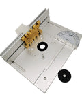 Slick Precision Aluminum Router Table Insert Plate Featuring Hella Accurate Miter Tenon Gauges And Rock Solid Fence For Pro CNC Woodworking Bench Setup Silver and gold gauge, top view.